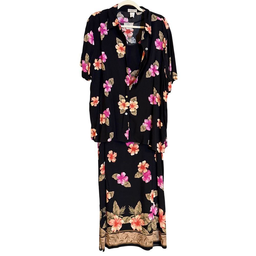 VTG Y2K Notations Woman Black Tropical Hibiscus Floral Maxi Dress & Shirt Set 1X